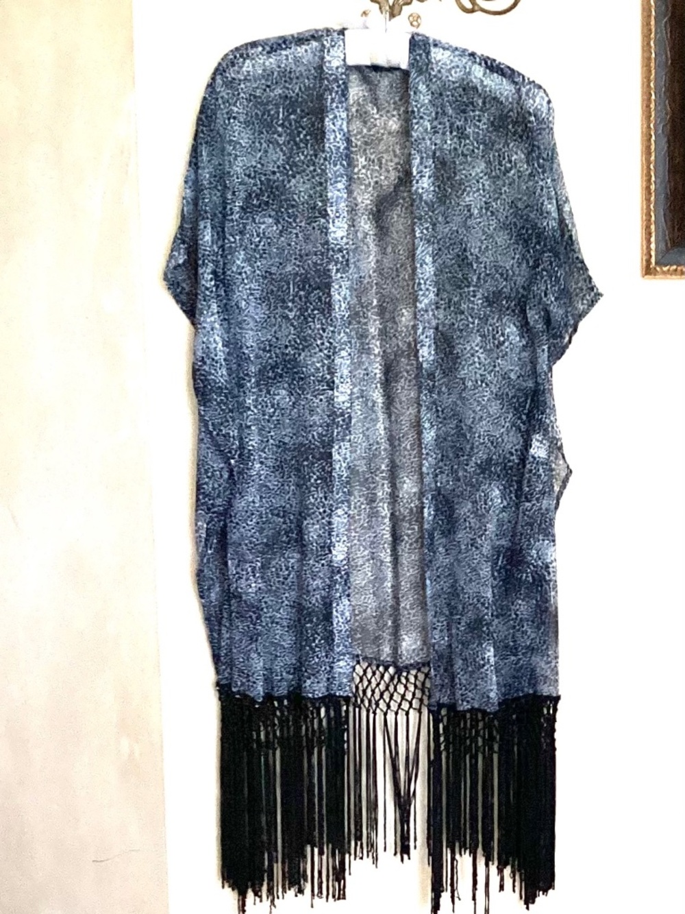 CLUB Z COLLECTION - BLACK/GREY OPEN KAFTAN SHEER COVERUP WITH FRINGE SIZE S/M
